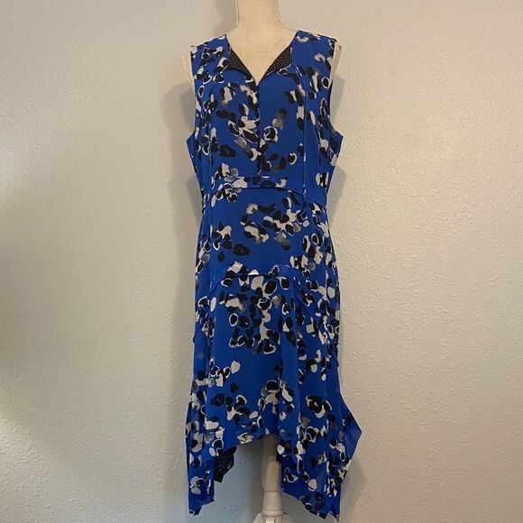 CAbi Dresses & Skirts - CAbi Blue Floral Untamed Electric Blue Asymmetrical Style 5576 Dress Size Large